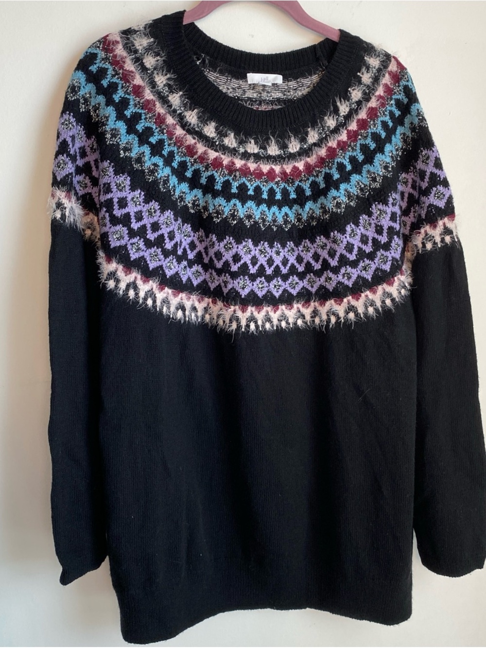 J. Jill Black Crewneck Sweater with Lavender and Blue Fair Isle Yoke
